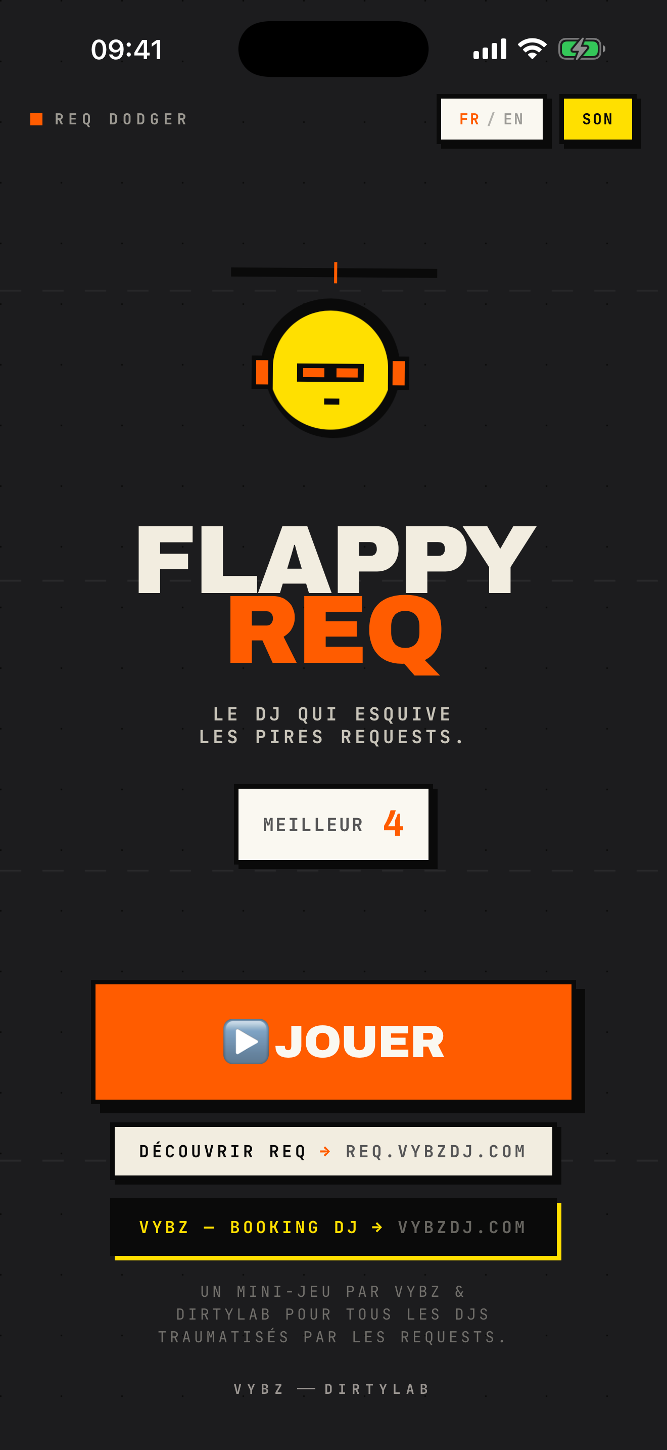 Écran d'accueil de FLAPPY REQ avec le titre et le bouton Jouer